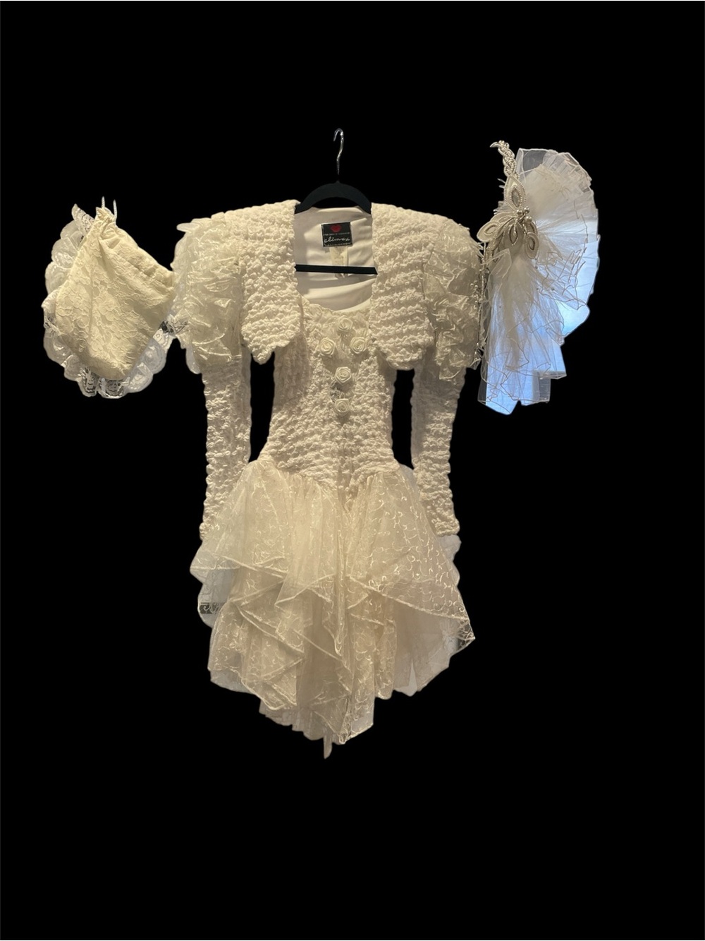 Vintage Lace Tiered Bridal Dress w/Jacket & Veil & Handbag
